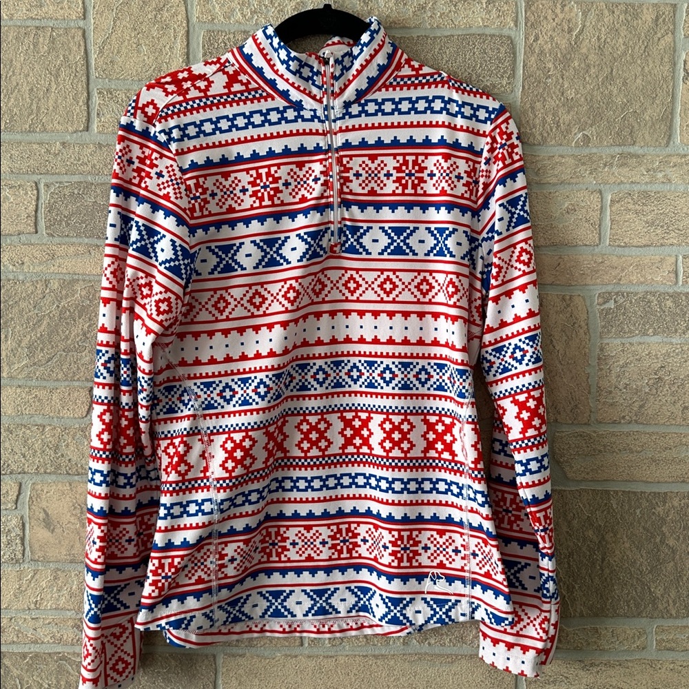 Rhoback Women's Q-Zip Pullover Multi Aztec Red White Blue Geometric Small